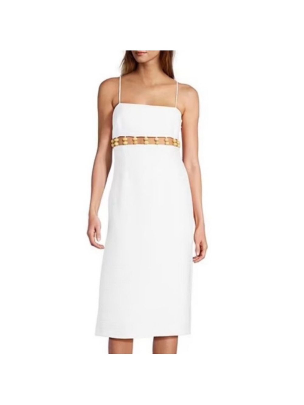 Antonio Melanie White Spaghetti Strap Midi Dress with Wooden Bead Accent